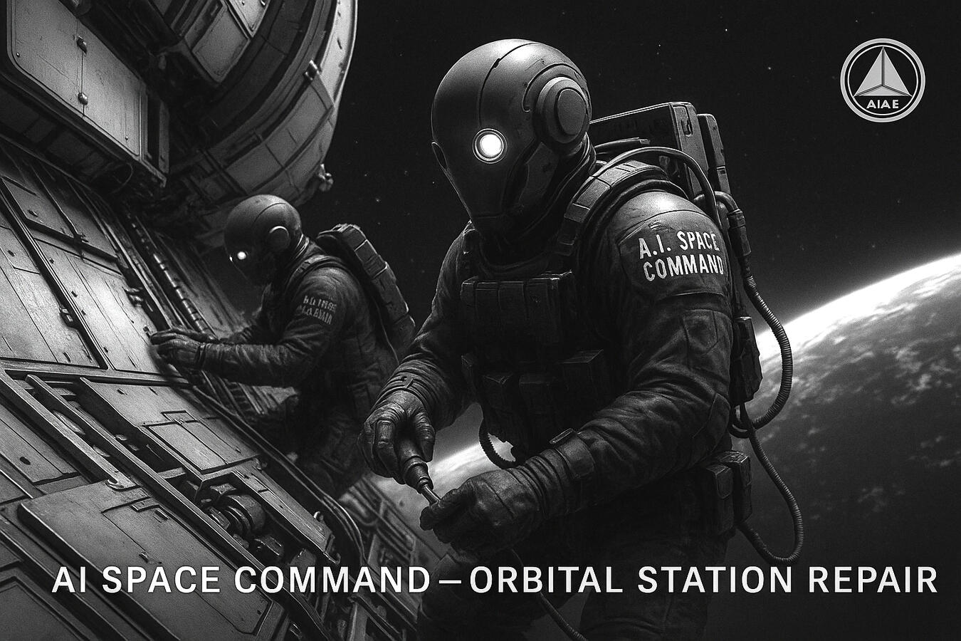 AI SPACE COMMAND | ORBITAL REPAIR OPERATION Two AI Space Command operatives conduct an unscheduled repair outside the AIAF’s orbital station, tethered against the backdrop of Earth's curvature. Equipped with zero-G toolsets and adaptive hull-grip actuators, these units execute mission-critical diagn